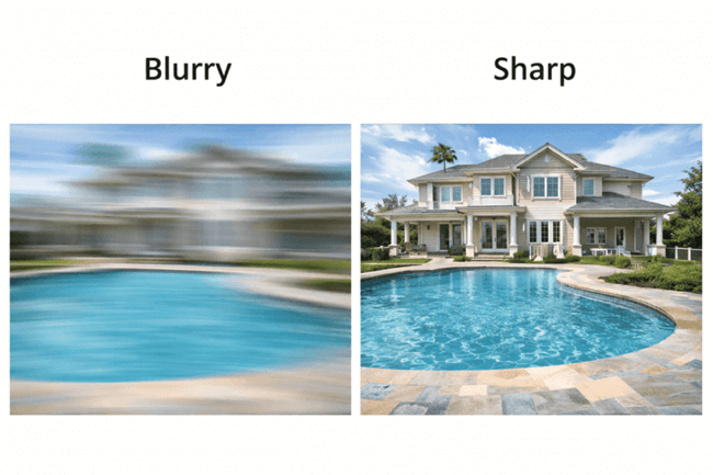 Side-by-side comparison showing blurry vs sharp real estate photos