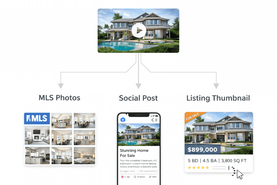 One property video branching into MLS photos, social post, and listing thumbnail