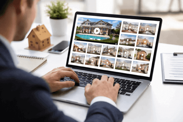 Real estate agent working on laptop with property photos and video thumbnails organized on screen